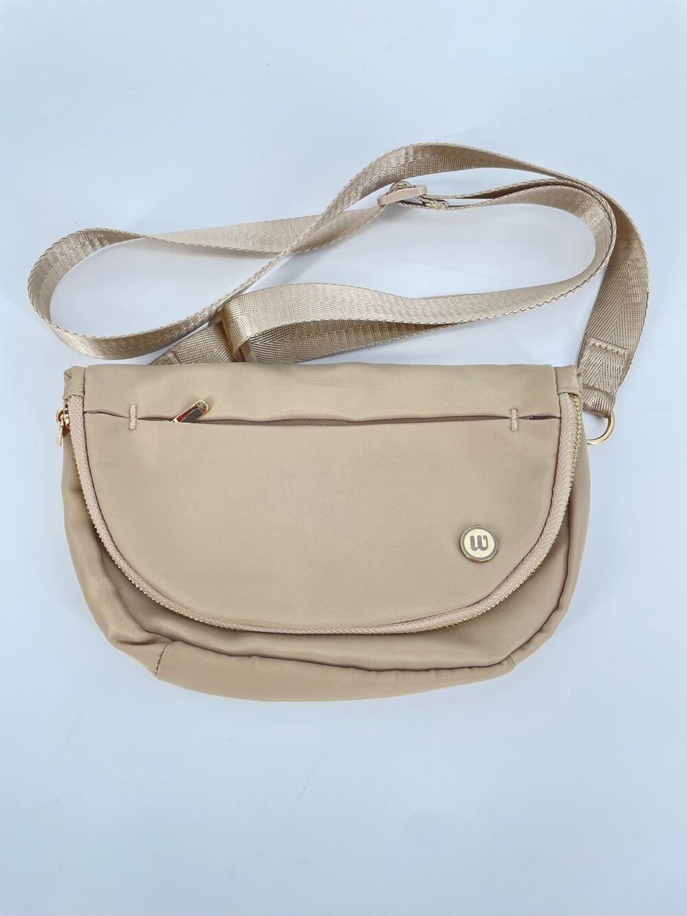 Tan Nylon Adjustable Crossbody Double Pocket Bag Gold Hardware FabFitFun 9x5